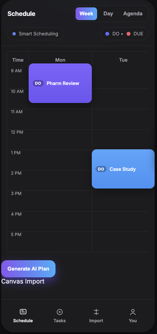 Studiora iPhone app — Week view with Study Blocks and Dues